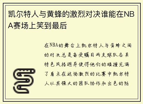 凯尔特人与黄蜂的激烈对决谁能在NBA赛场上笑到最后