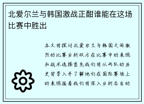 北爱尔兰与韩国激战正酣谁能在这场比赛中胜出